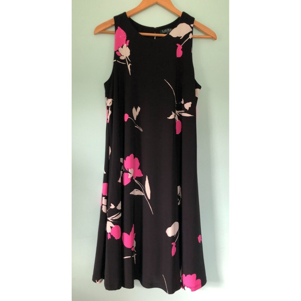 Lauren Ralph Lauren Black Floral A-Line Dress with Pink Accents